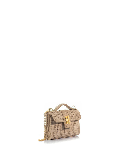Side view of the KOORELOO Basset Envelope Mini in beige braided suede with top handle, signature gold-tone emblem and chain strap