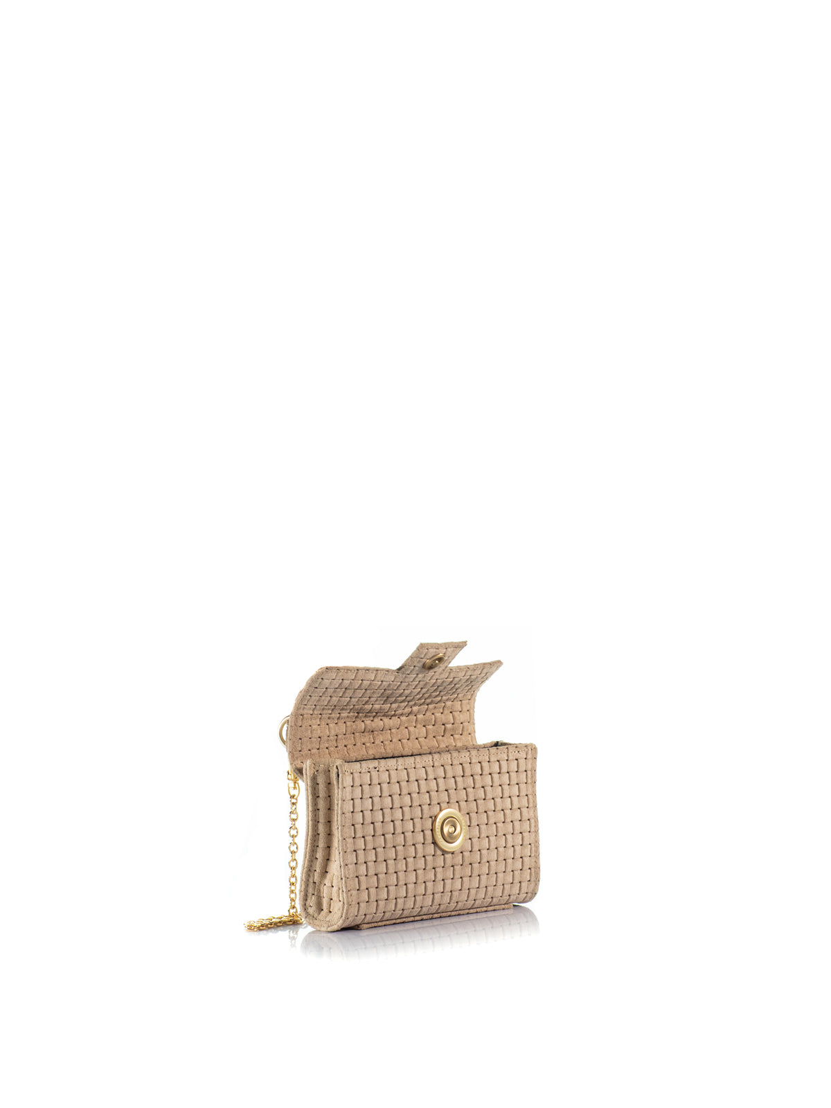 Side open view of the KOORELOO Basset Envelope Mini in beige braided suede with top handle, signature gold-tone emblem and chain strap