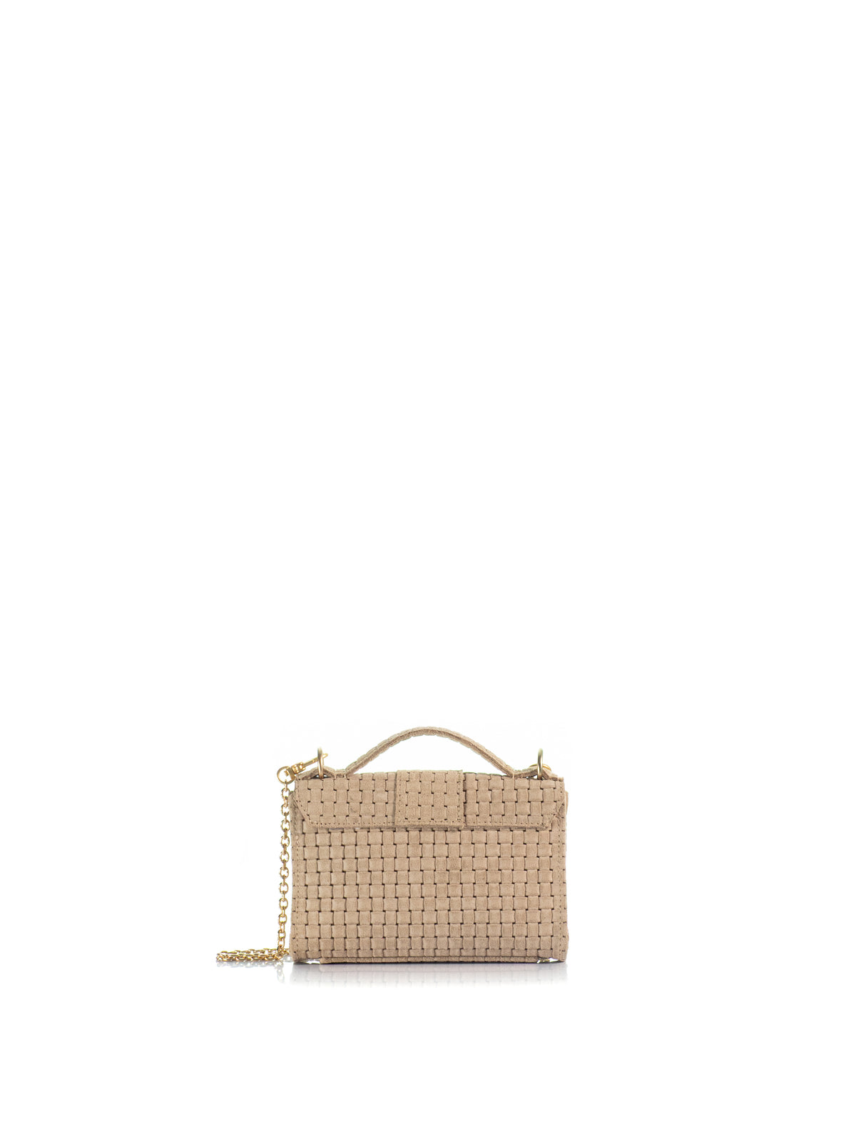 Back view of the KOORELOO Basset Envelope Mini in beige braided suede with top handle, signature gold-tone emblem and chain strap