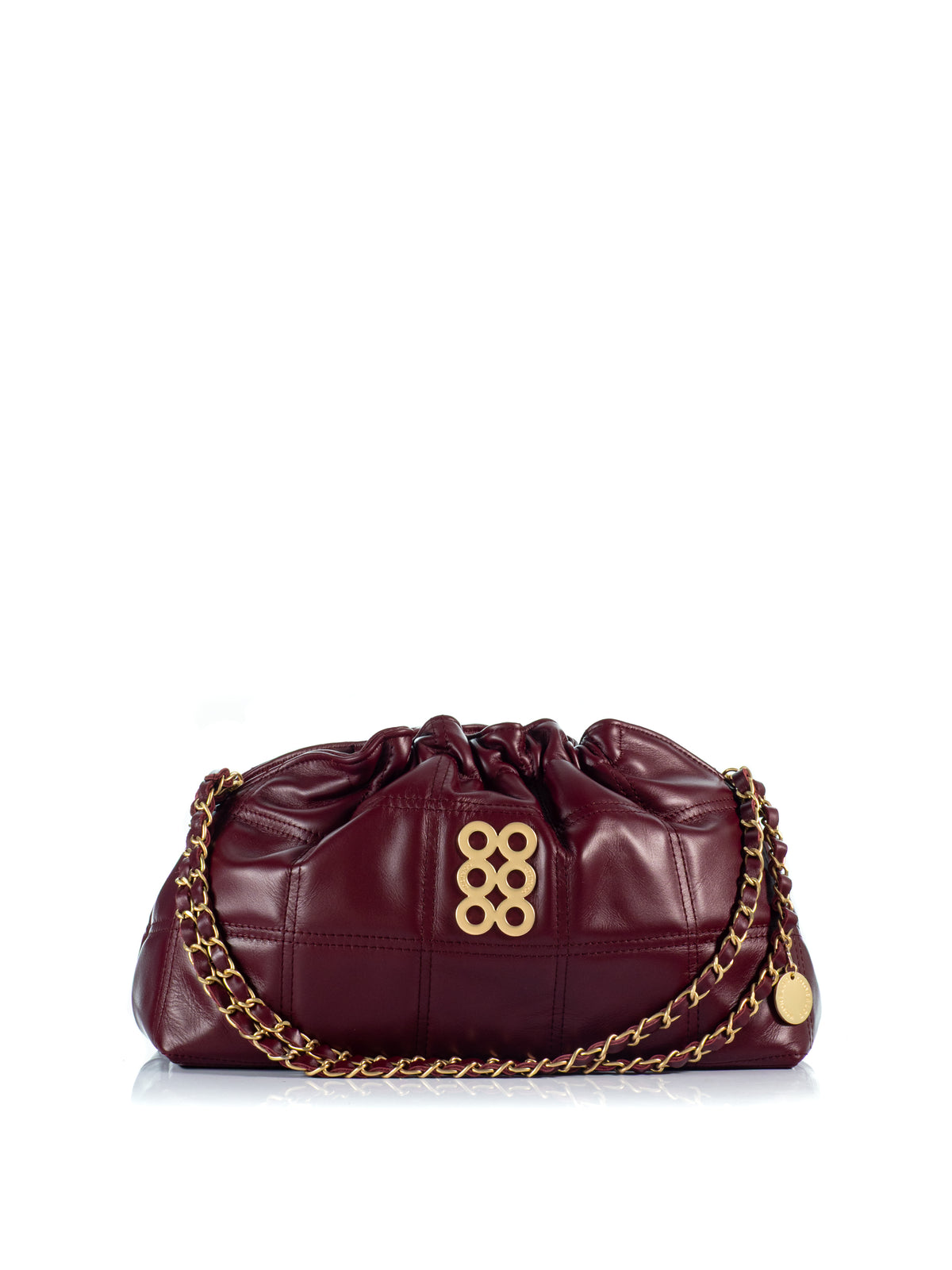 KOORELOO The Milano Pouch in burgundy quilted leather with gathered silhouette, gold-tone emblem and leather-interwoven chain strap