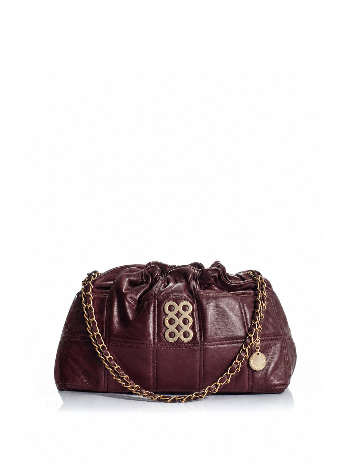 KOORELOO The Milano Pouch Burgundy Leather shoulder bag with gold-tone chain and signature six-circle emblem