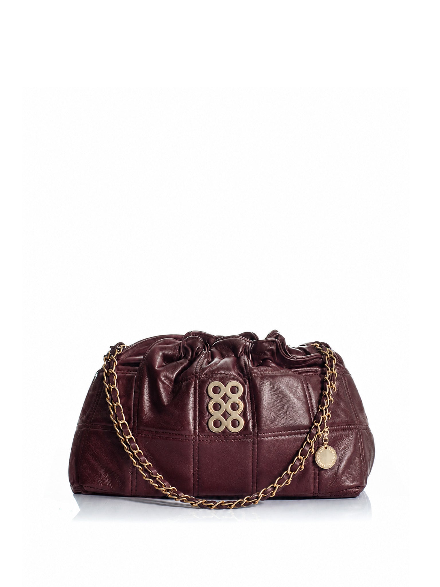 KOORELOO The Milano Pouch Burgundy Leather shoulder bag with gold-tone chain and signature six-circle emblem