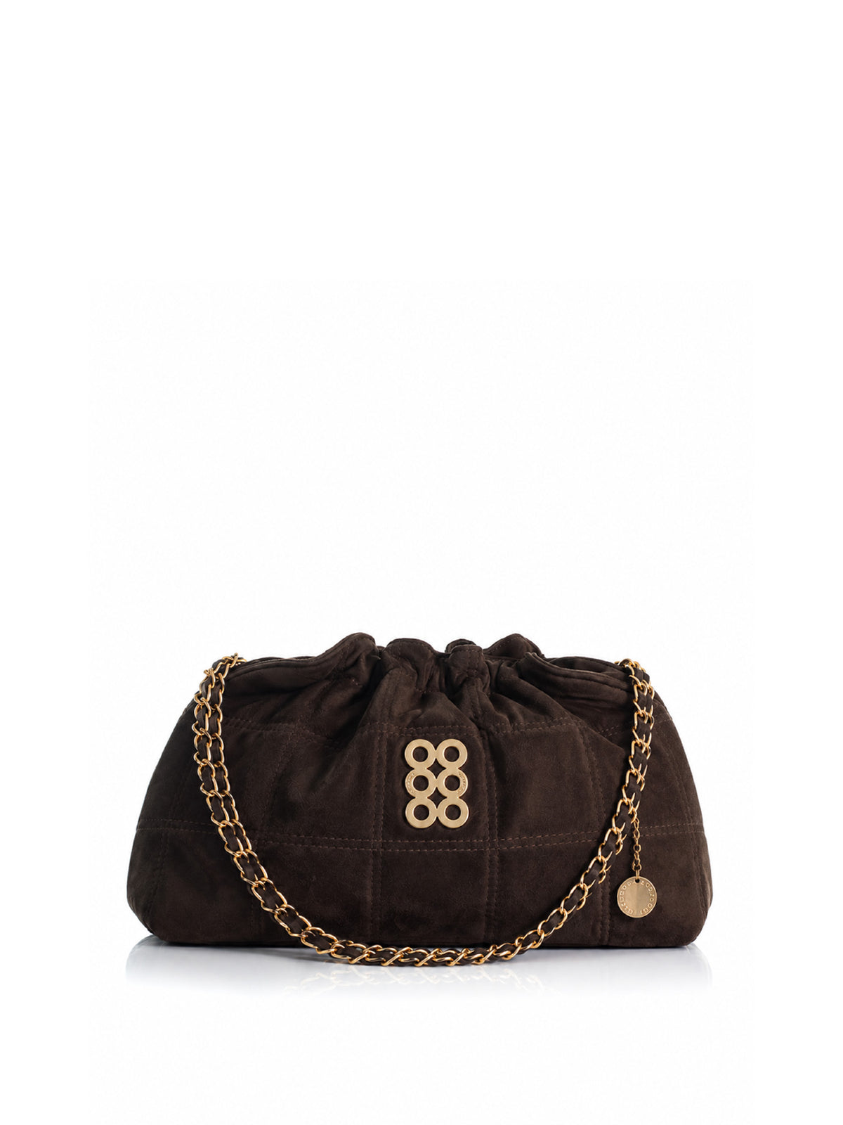 KOORELOO The Milano Pouch Dark Chocolate Suede shoulder bag with gold-tone chain and signature six-circle emblem