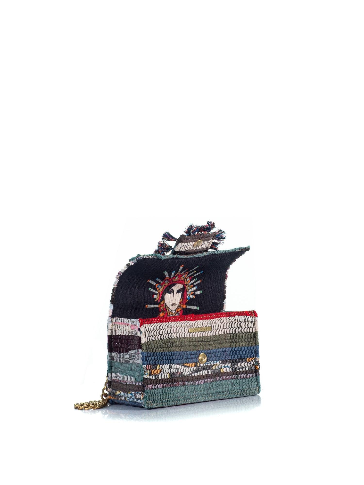 Open view of The New Yorker Soho Multi rag-rug handbag with multicolor fringe, gold-tone coin details and chain strap