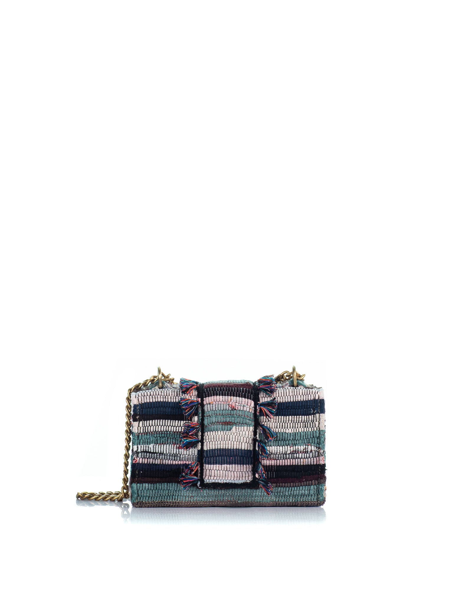 Back view of The New Yorker Soho Multi rag-rug handbag with multicolor fringe, gold-tone coin details and chain strap