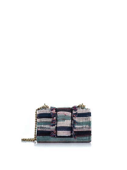 Back view of The New Yorker Soho Multi rag-rug handbag with multicolor fringe, gold-tone coin details and chain strap