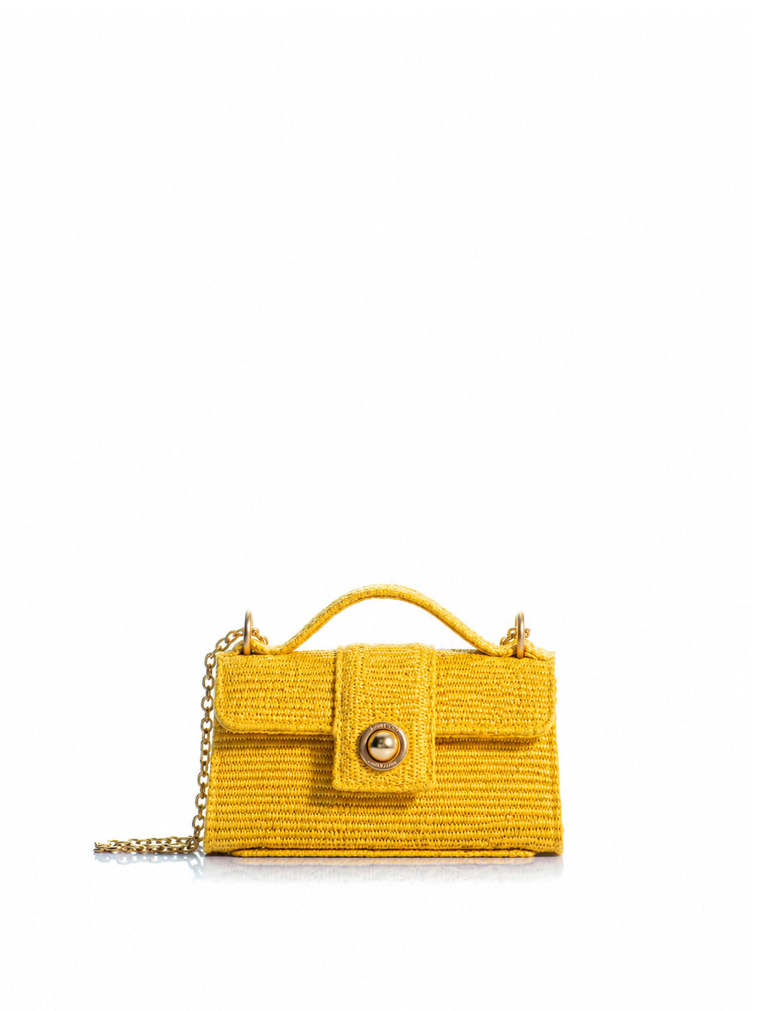 KOORELOO yellow raffia top handle bag with gold-tone chain strap
