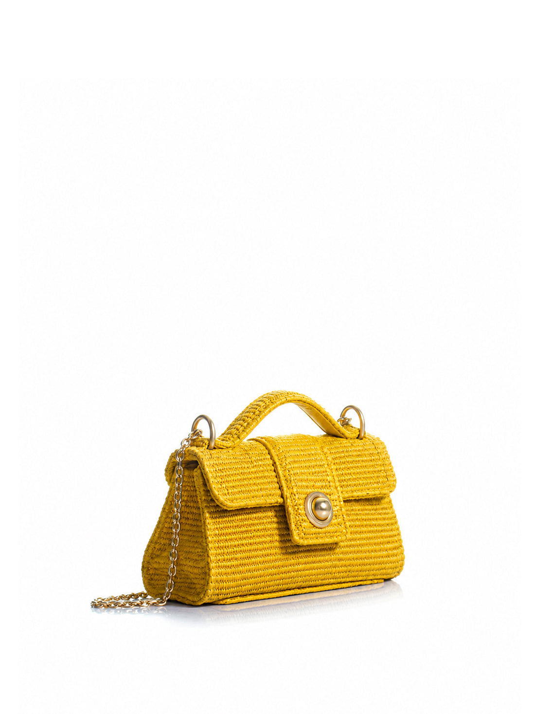 Side View of the KOORELOO yellow raffia top handle bag with gold-tone chain strap