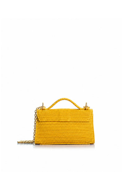 Back View of the KOORELOO yellow raffia top handle bag with gold-tone chain strap