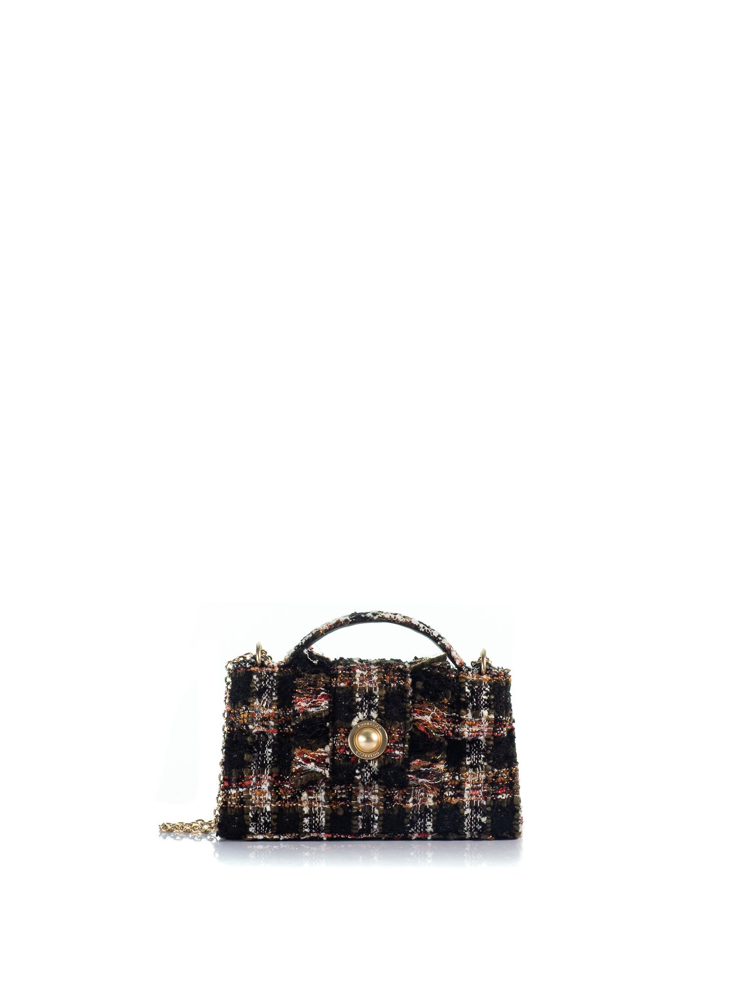 The Noble Mini black multicolor tweed top-handle bag with gold-tone KOORELOO emblem and chain strap