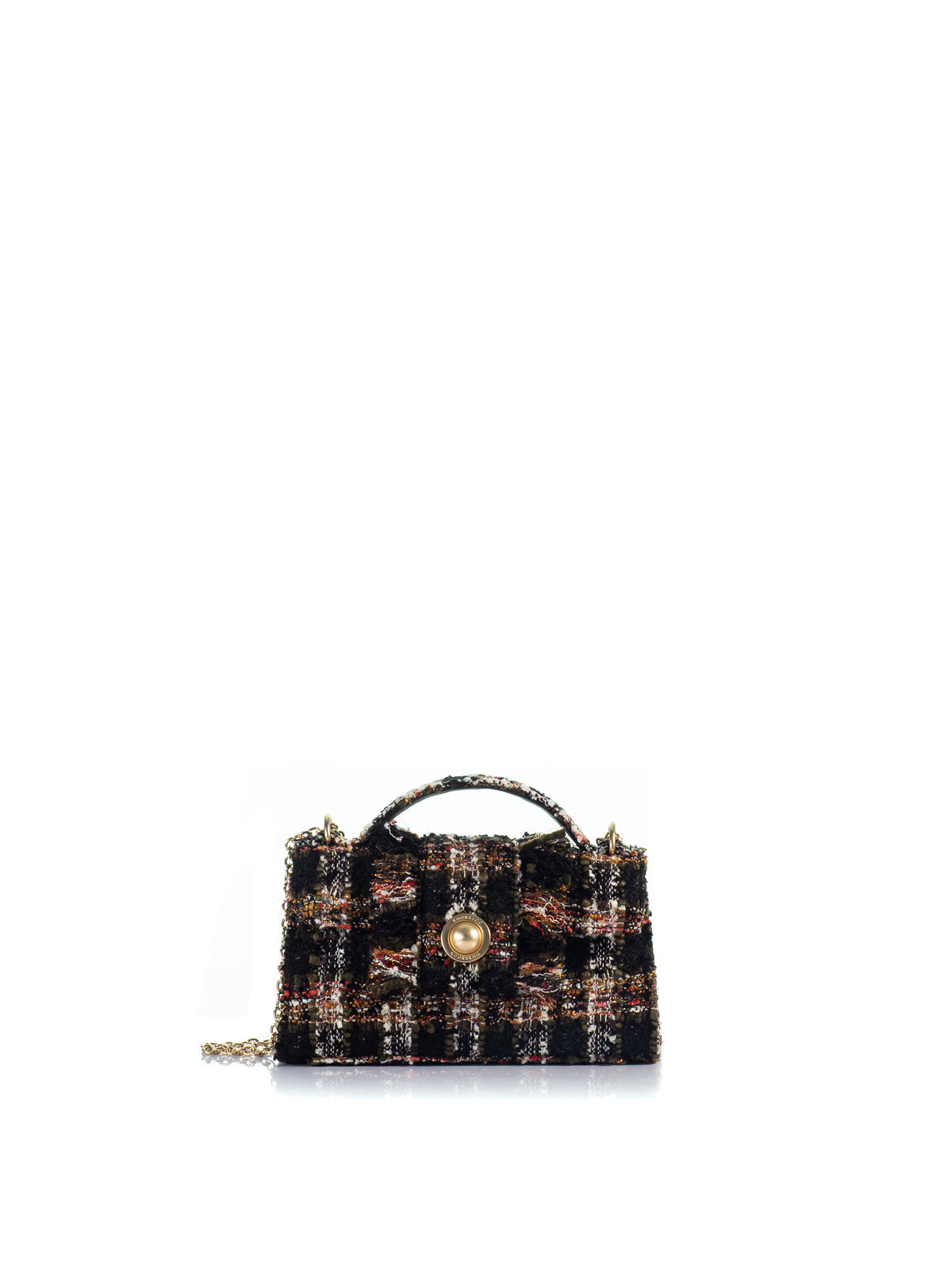 The Noble Mini black multicolor tweed top-handle bag with gold-tone KOORELOO emblem and chain strap
